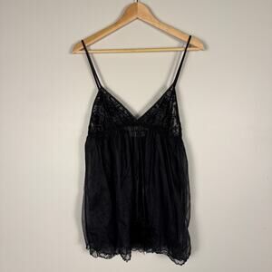 Vintage 80s Lace Babydoll Lingerie Top Black Sheer Pom Pom Negligee Medium Slip